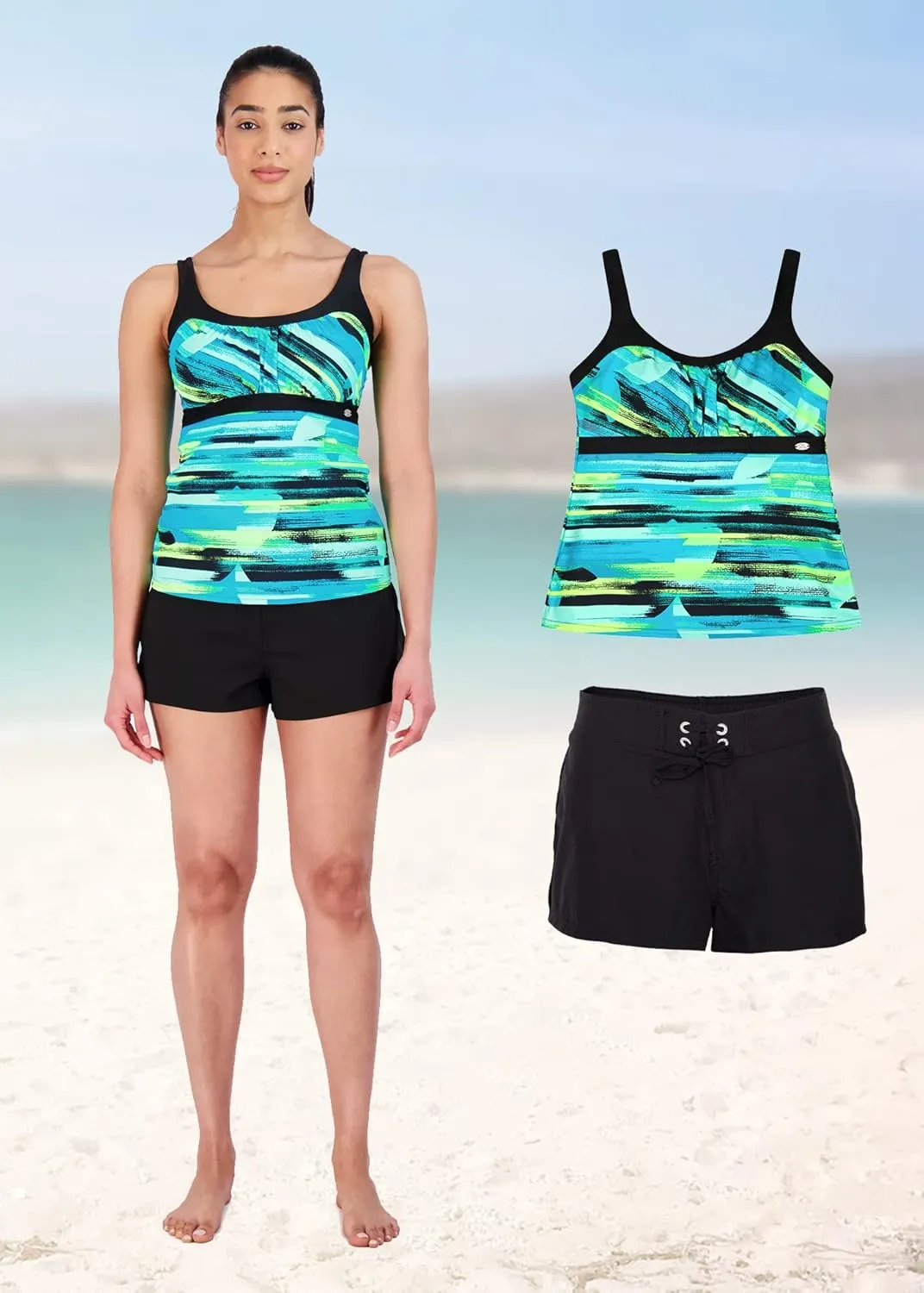 ZeroXposur Womens Swimsuits Tankini Top Set – Peasant Tankini Bathing Suit and Board Short Set for Women