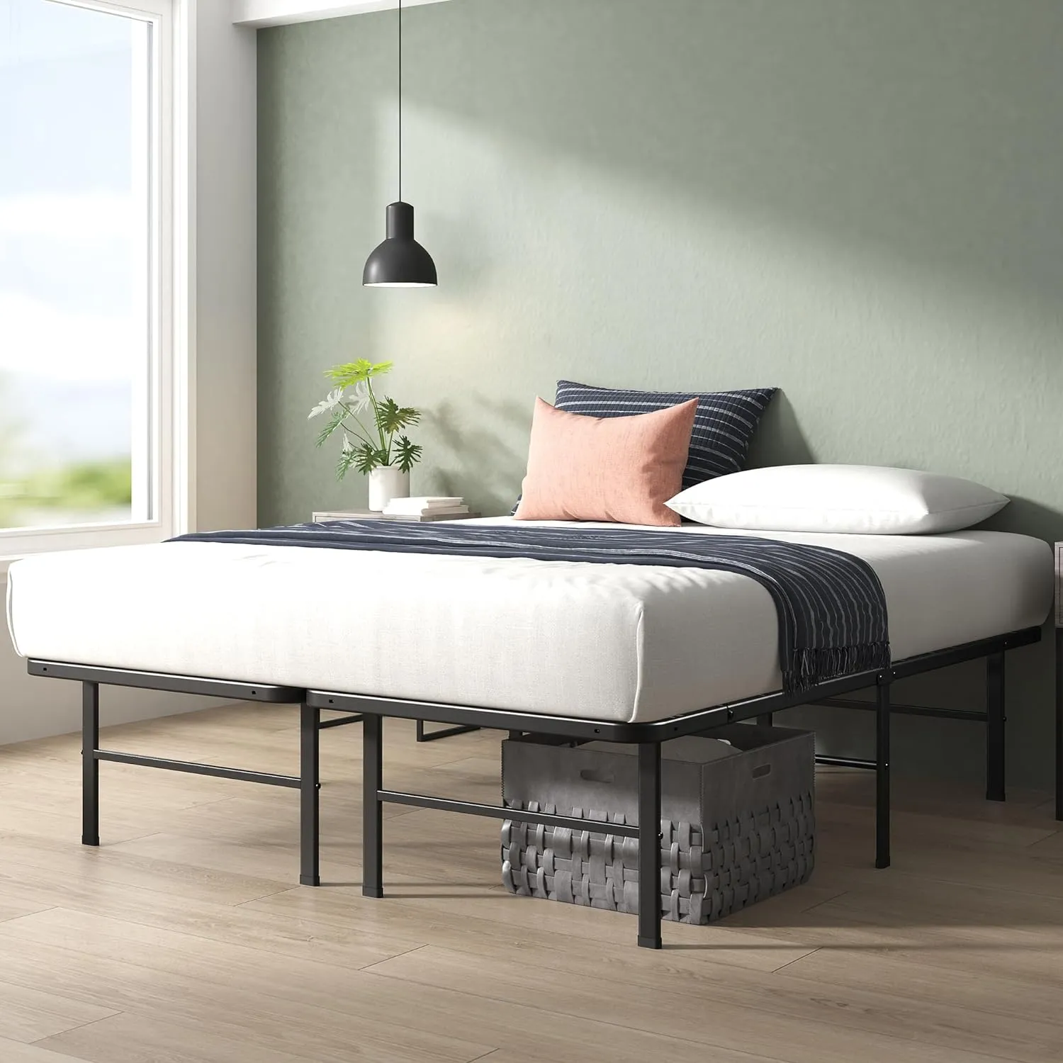 Zinus Rumi 14in Queen Metal Bed Frame, Quick Assembly SmartBase® Mattress Foundation, Heavy Duty Sturdy Steel with No Box Spring Needed, Eco-Friendly Packaging, Black
