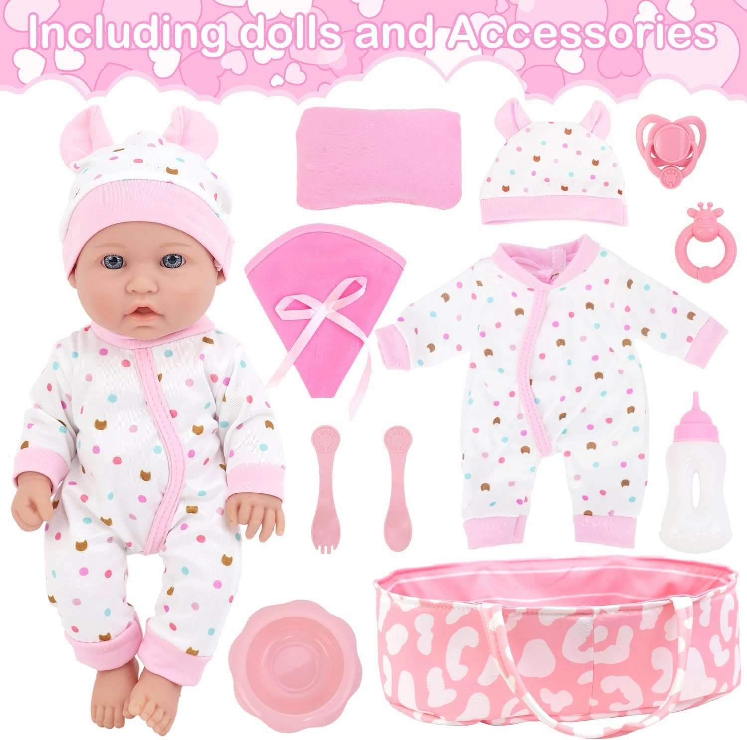 ZITA ELEMENT 12 Inch Baby Doll with Accessories for Baby Doll Reborn Includes Carrier Bassinet Bed, Pacifier, Blanket, Pillow, Feeding Set, New Born Doll Playset for Toddlers 3 Ages and Up