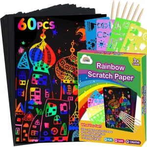 ZMLM Scratch Paper Art Craft Christmas Gift: 2 Pack Rainbow Scratch Art Set for Kids Drawing Coloring Craft Scratch Paper Art Set: 60Pcs Magic Drawing Art Craft for Kids Toy