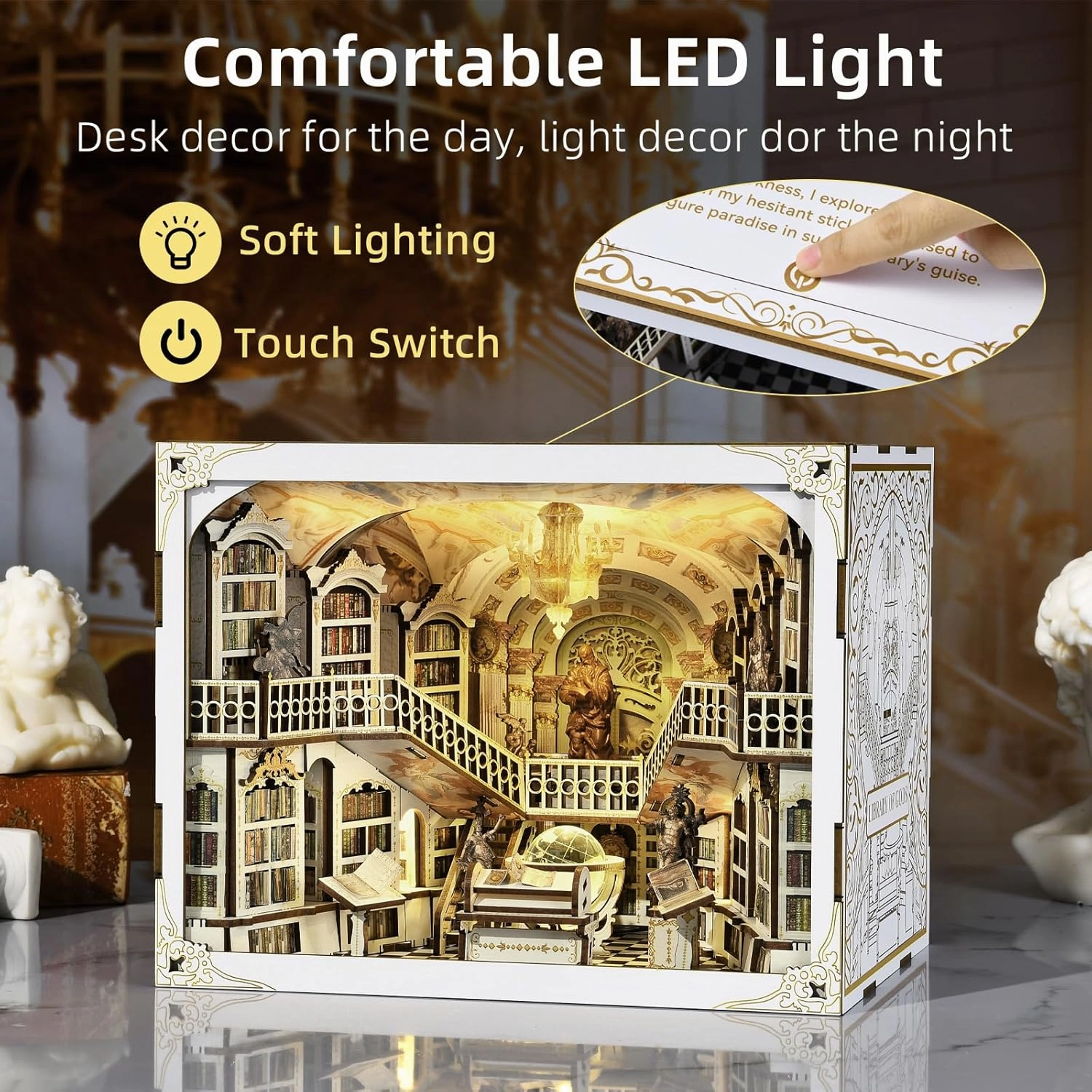 𝐂𝐂𝐂𝐃𝐅 DIY Book Nook Kit, DIY Miniature Dollhouse Booknook Kit, 3D Wooden Puzzle Bookend Bookshelf Insert Decor with LED Light for Adults (Library of Gods Max)