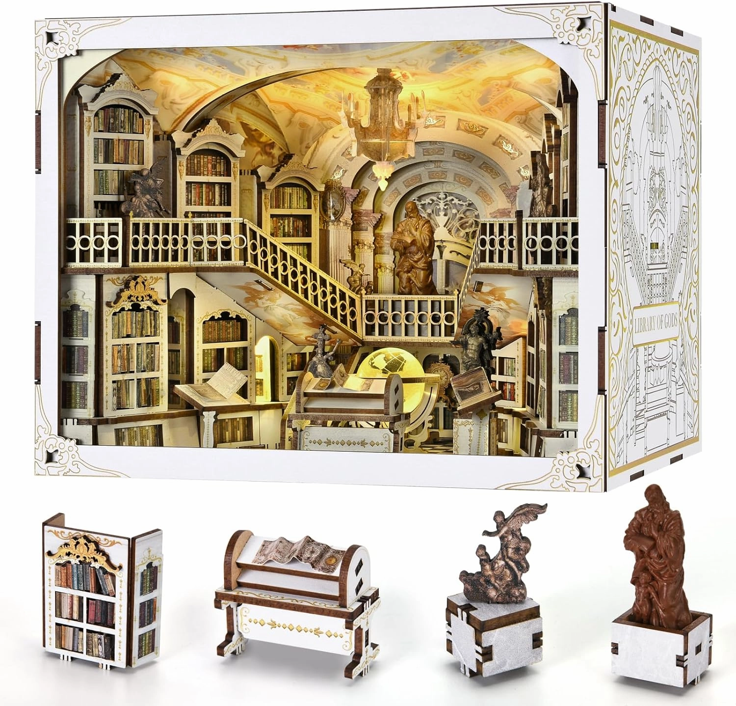 𝐂𝐂𝐂𝐃𝐅 DIY Book Nook Kit, DIY Miniature Dollhouse Booknook Kit, 3D Wooden Puzzle Bookend Bookshelf Insert Decor with LED Light for Adults (Library of Gods Max)